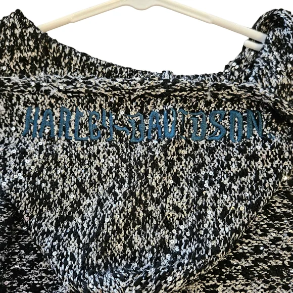 Harley Davidson Size XL Metallic Shimmer Pullover Hooded Sweater Silver Black - Picture 4 of 5
